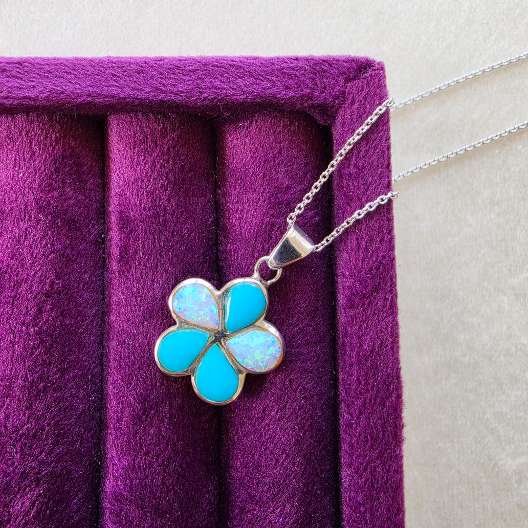 Sterling Silver American Turquoise and Created Opal Inlaid Flower Blossom Pendant