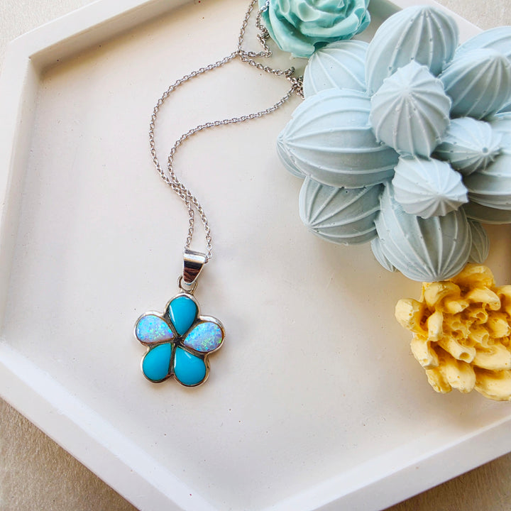 Sterling Silver American Turquoise and Created Opal Inlaid Flower Blossom Pendant