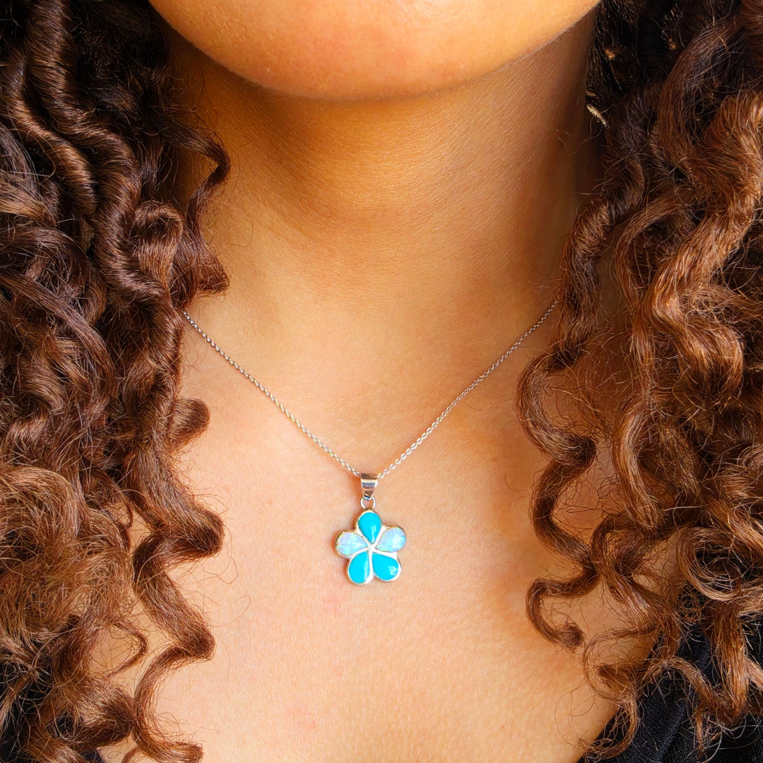 Sterling Silver American Turquoise and Created Opal Inlaid Flower Blossom Pendant