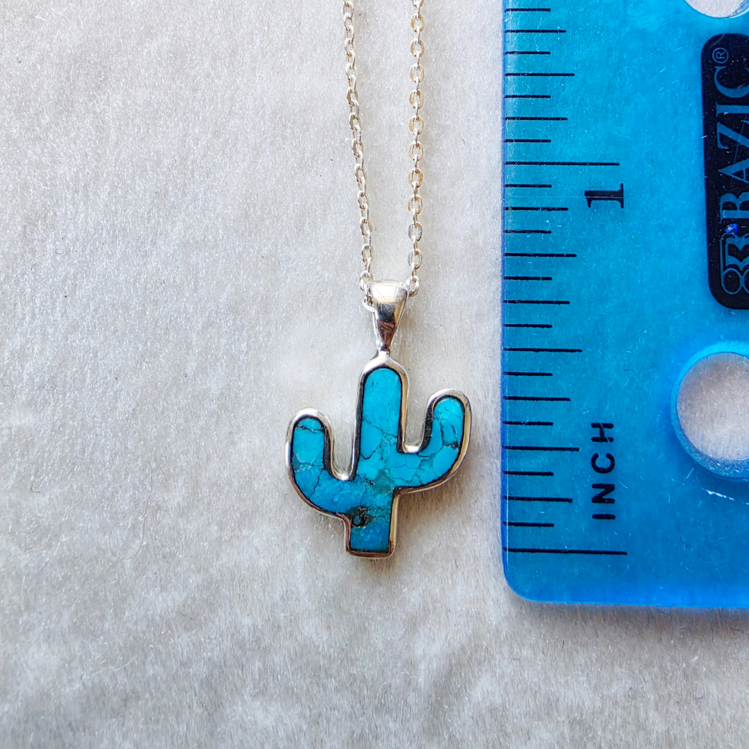 Small Sterling Silver American Turquoise Cactus Pendant with Sterling Silver Chain