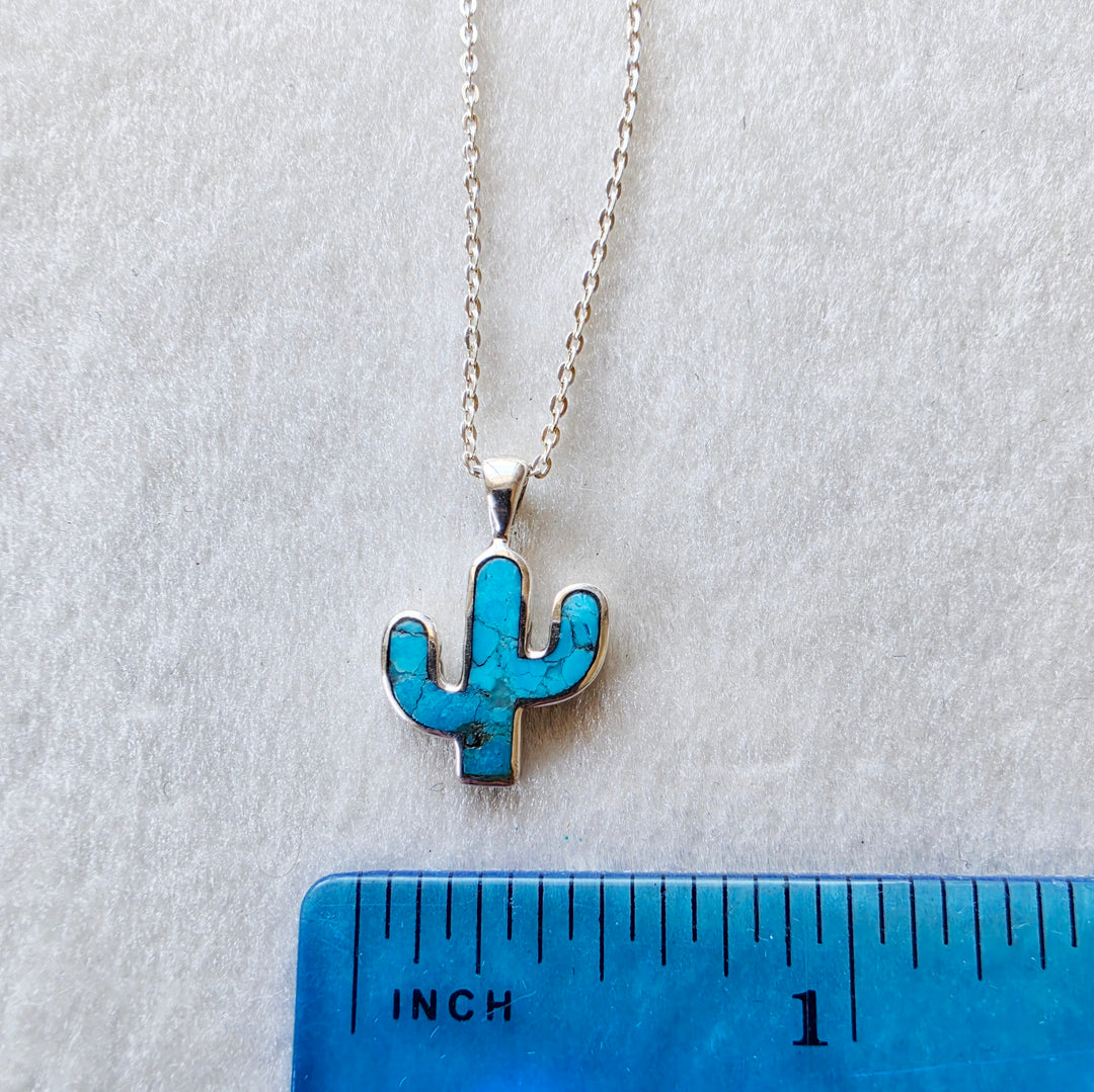 Small Sterling Silver American Turquoise Cactus Pendant with Sterling Silver Chain