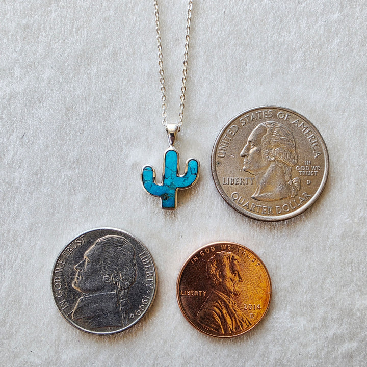 Small Sterling Silver American Turquoise Cactus Pendant with Sterling Silver Chain