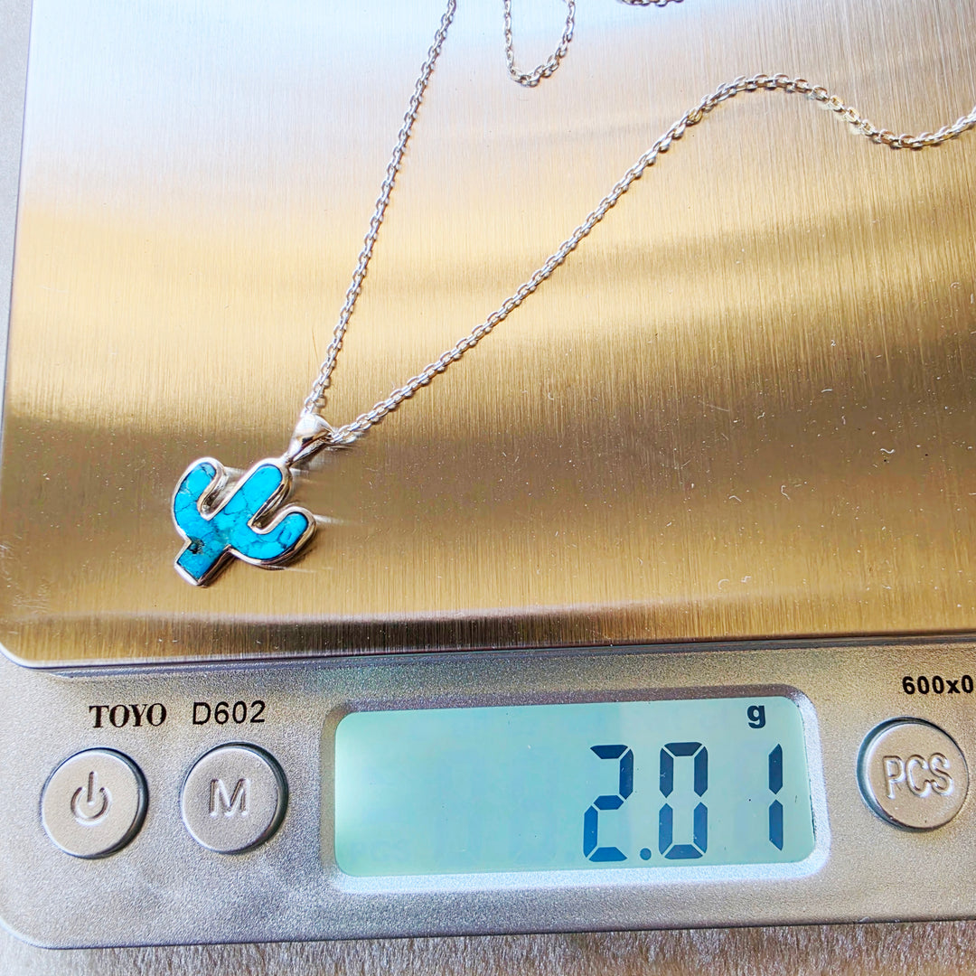 Small Sterling Silver American Turquoise Cactus Pendant with Sterling Silver Chain
