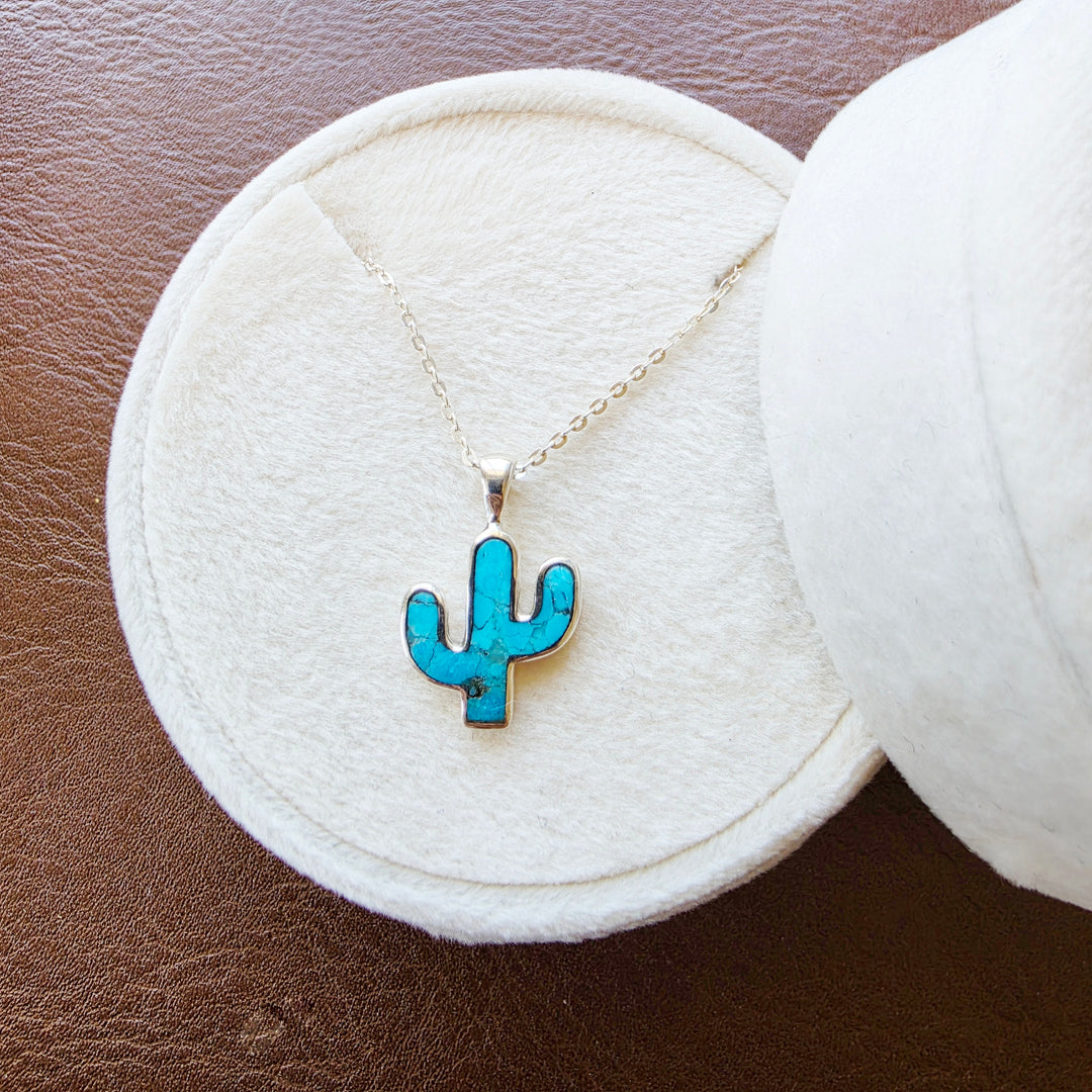 Small Sterling Silver American Turquoise Cactus Pendant with Sterling Silver Chain