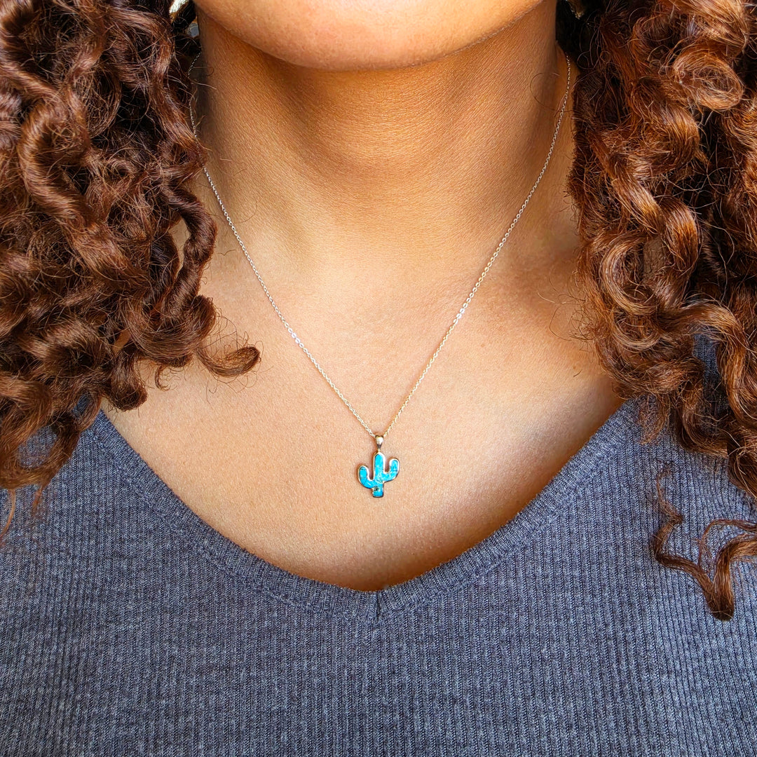Small Sterling Silver American Turquoise Cactus Pendant with Sterling Silver Chain