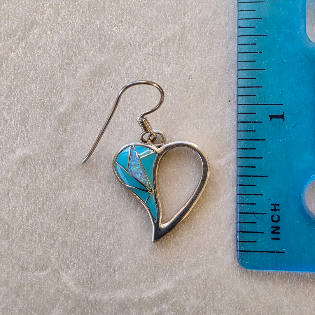 Sterling Silver Arizona Turquoise and Inlaid Jewelry Open Heart Dangle Earrings