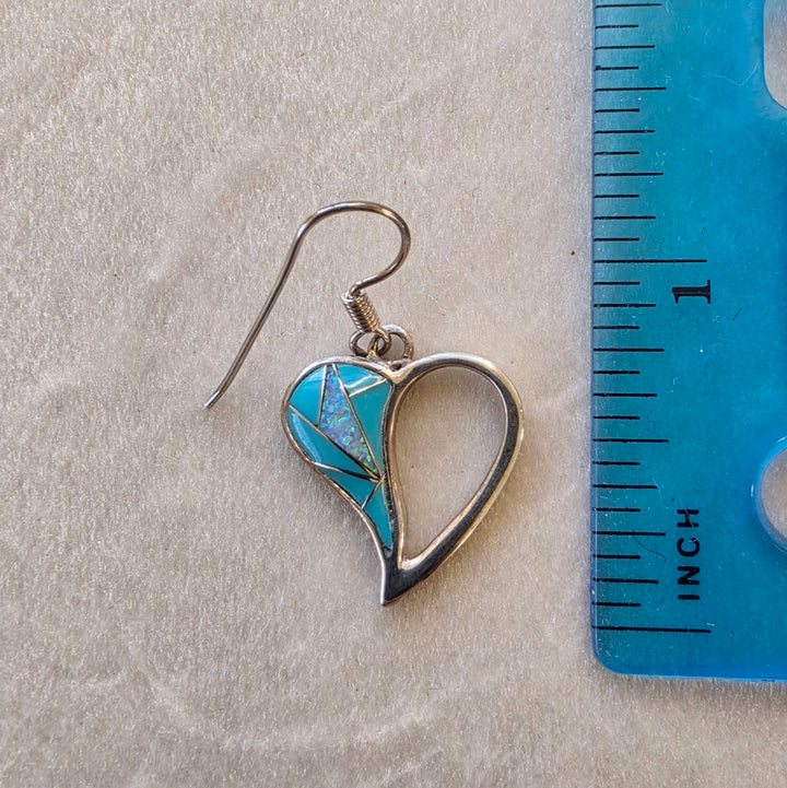 Sterling Silver Arizona Turquoise and Inlaid Jewelry Open Heart Dangle Earrings