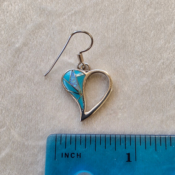 Sterling Silver Arizona Turquoise and Inlaid Jewelry Open Heart Dangle Earrings