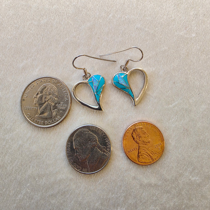 Sterling Silver Arizona Turquoise and Inlaid Jewelry Open Heart Dangle Earrings