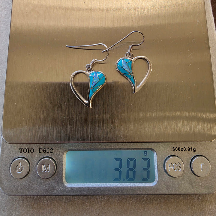 Sterling Silver Arizona Turquoise and Inlaid Jewelry Open Heart Dangle Earrings