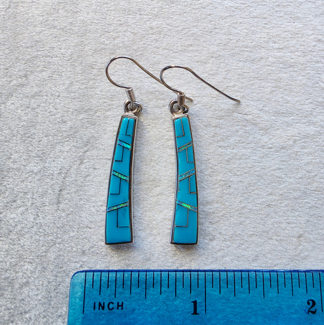 Sterling Silver Arizona Turquoise and Inlaid Jewelry Turquoise Tapered Curved Dangle Earrings