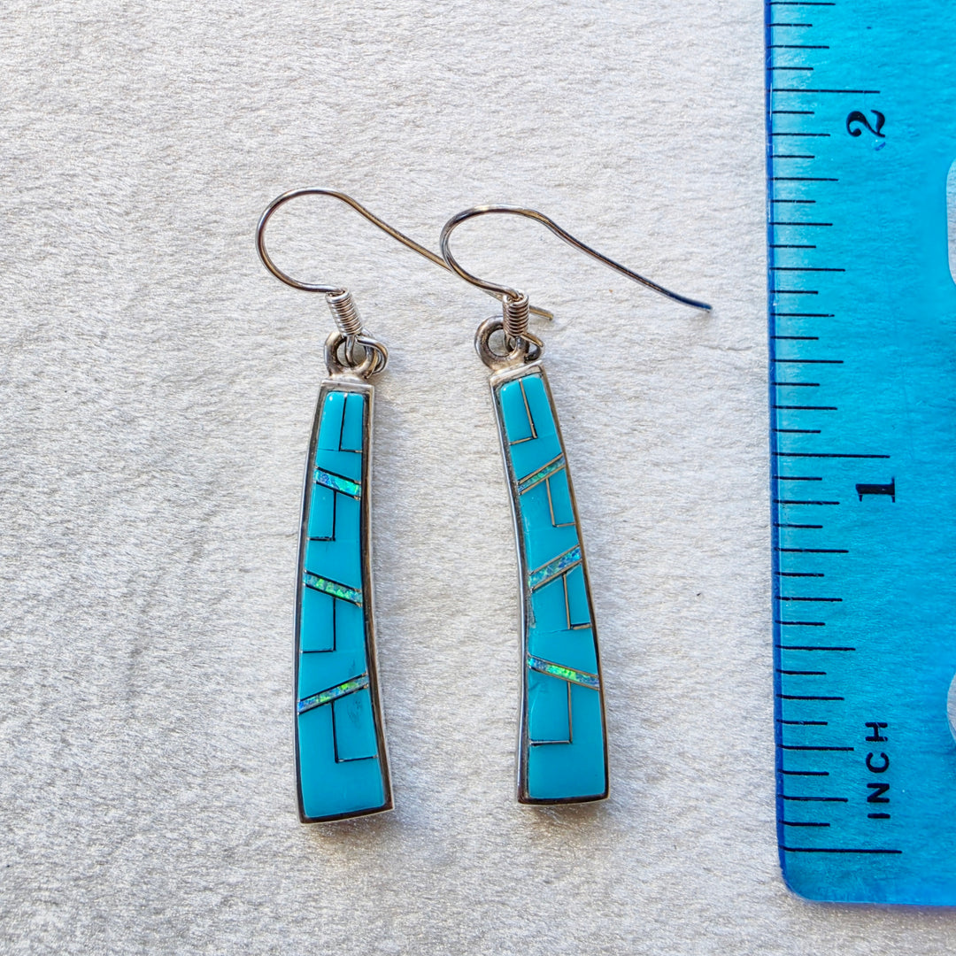 Sterling Silver Arizona Turquoise and Inlaid Jewelry Turquoise Tapered Curved Dangle Earrings