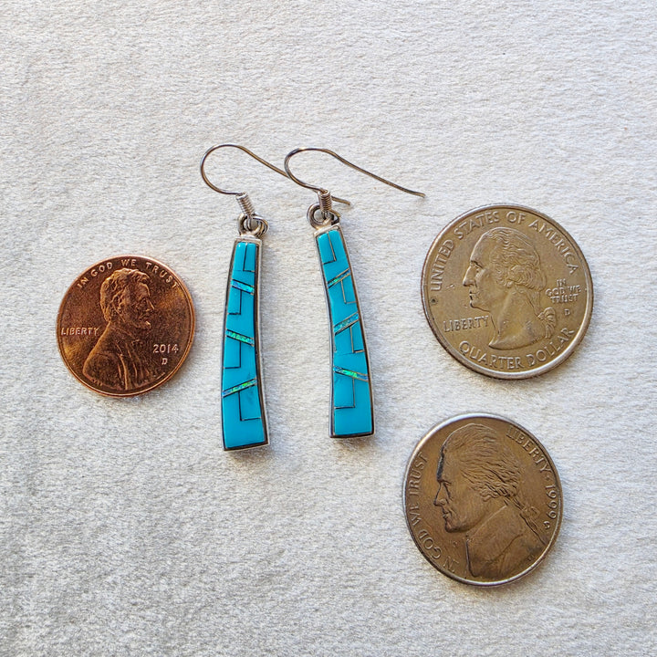 Sterling Silver Arizona Turquoise and Inlaid Jewelry Turquoise Tapered Curved Dangle Earrings