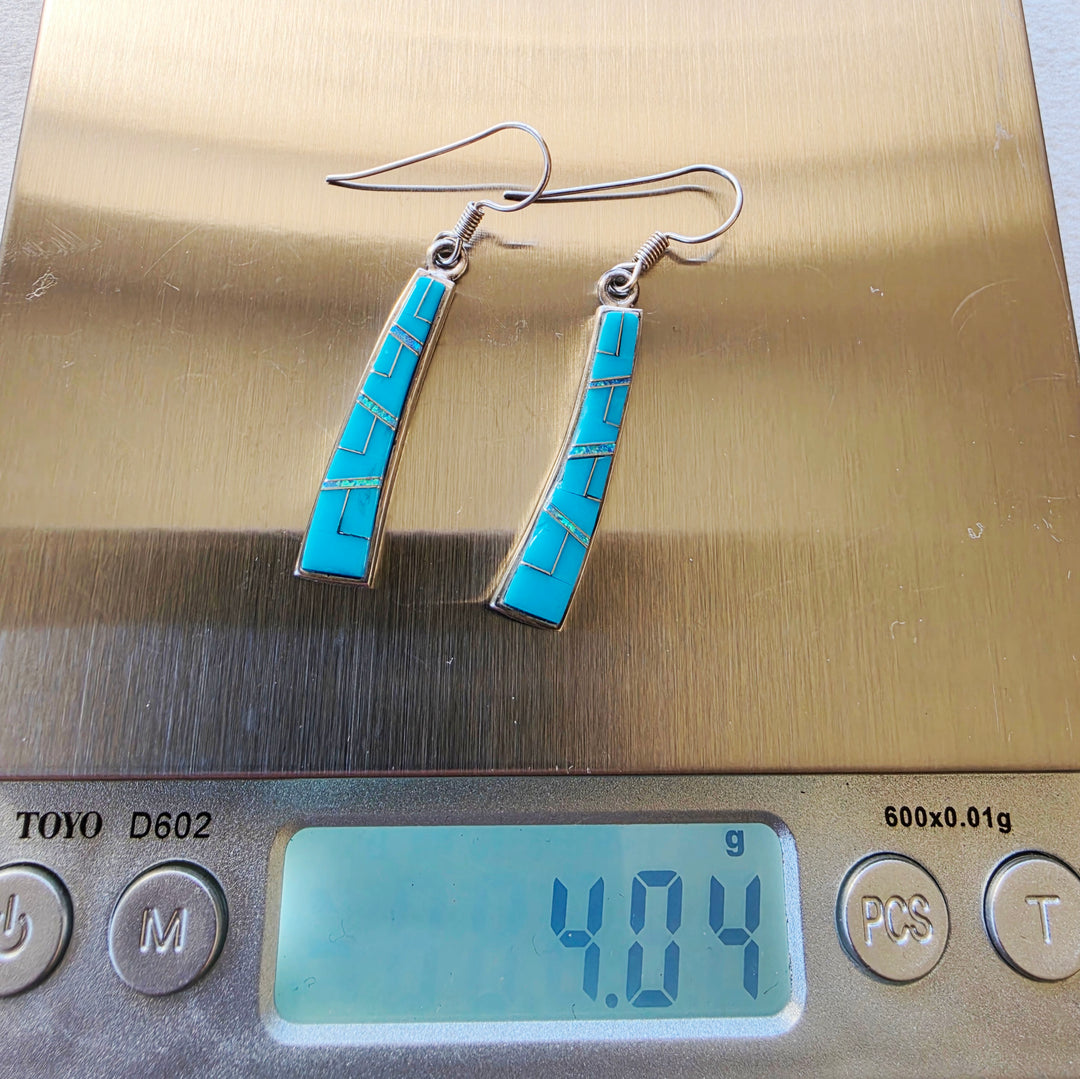 Sterling Silver Arizona Turquoise and Inlaid Jewelry Turquoise Tapered Curved Dangle Earrings
