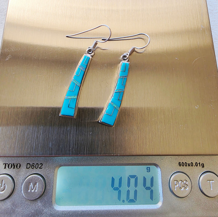 Sterling Silver Arizona Turquoise and Inlaid Jewelry Turquoise Tapered Curved Dangle Earrings