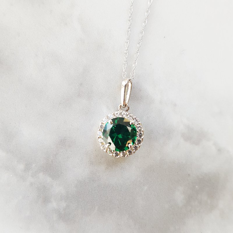 White Gold White Sapphire Halo and Birthstone Necklace