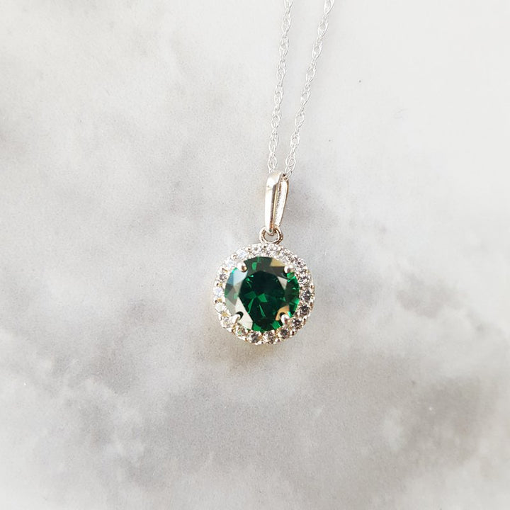 White Gold White Sapphire Halo and Birthstone Necklace