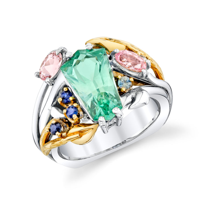 American Gem Collection #295 "Fields of Cali" California Tourmaline and Montana Sapphire Ring