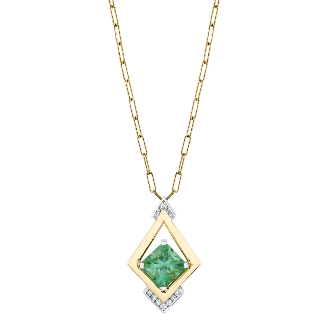 American Gem Collection #308 "Tides of Royalty" 14K Seafoam Green Maine Tourmaline and Diamond Pendant