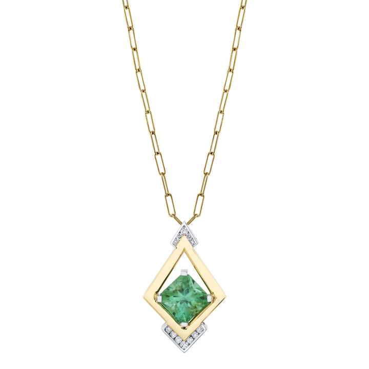 American Gem Collection #308 "Tides of Royalty" 14K Seafoam Green Maine Tourmaline and Diamond Pendant