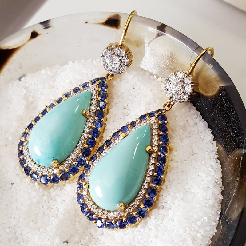 American Gem Collection #343 "Ranch Royalty" Bisbee Arizona Turquoise and Sapphire Earrings