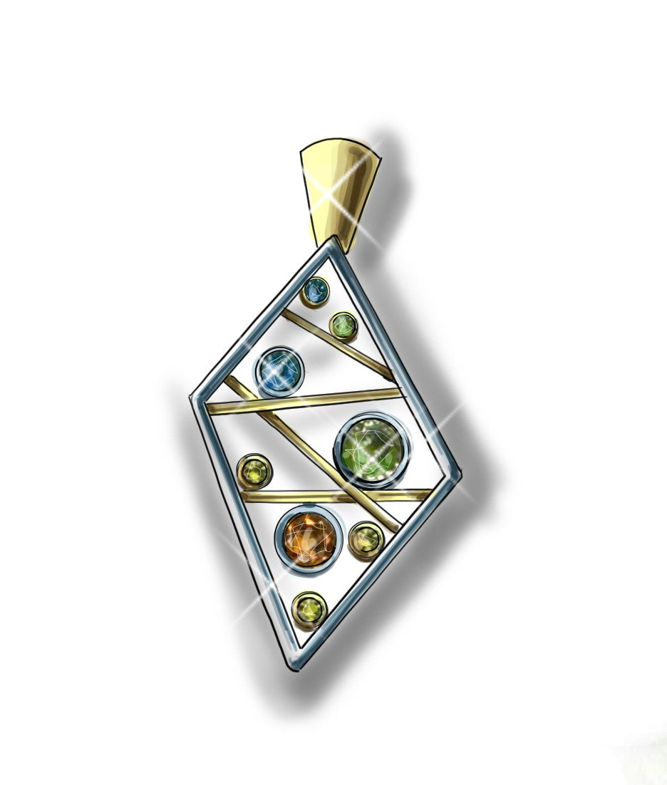 "Sapphire Matrix" 14k Two Tone Multi Colored Montana Sapphire Pendant