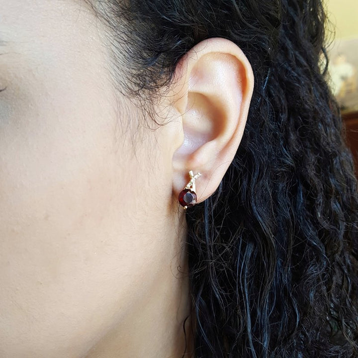 14K Yellow Gold Arizona Anthill Garnet and Diamond Criss Cross Stud Earrings