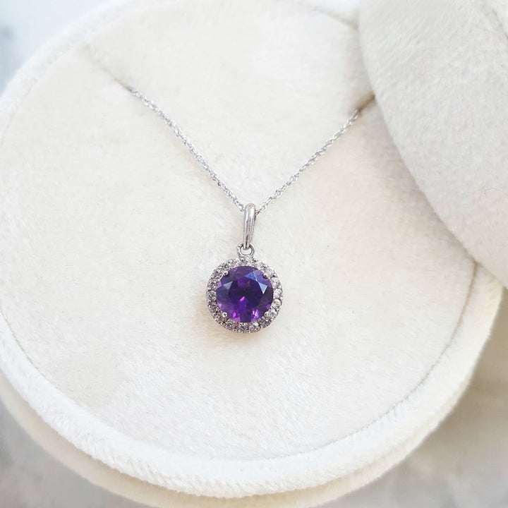 White Gold White Sapphire Halo and Birthstone Necklace