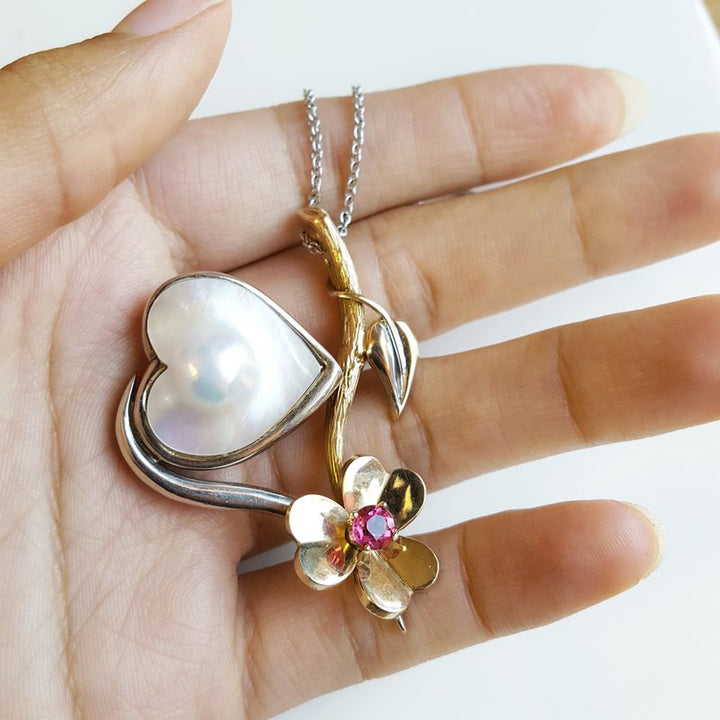 American Gem Collection #16 "Song of the South" Tennessee Pearl Heart and Flower Sterling Silver and 14K Pendant