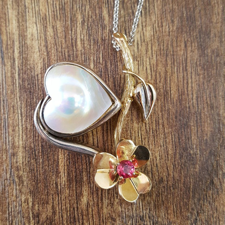 American Gem Collection #16 "Song of the South" Tennessee Pearl Heart and Flower Sterling Silver and 14K Pendant