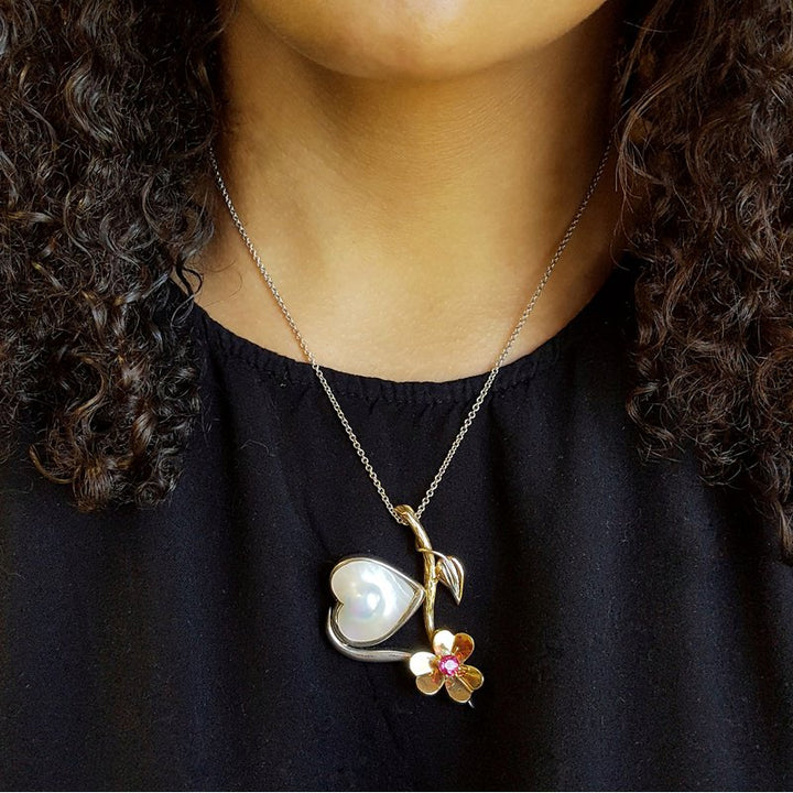 American Gem Collection #16 "Song of the South" Tennessee Pearl Heart and Flower Sterling Silver and 14K Pendant