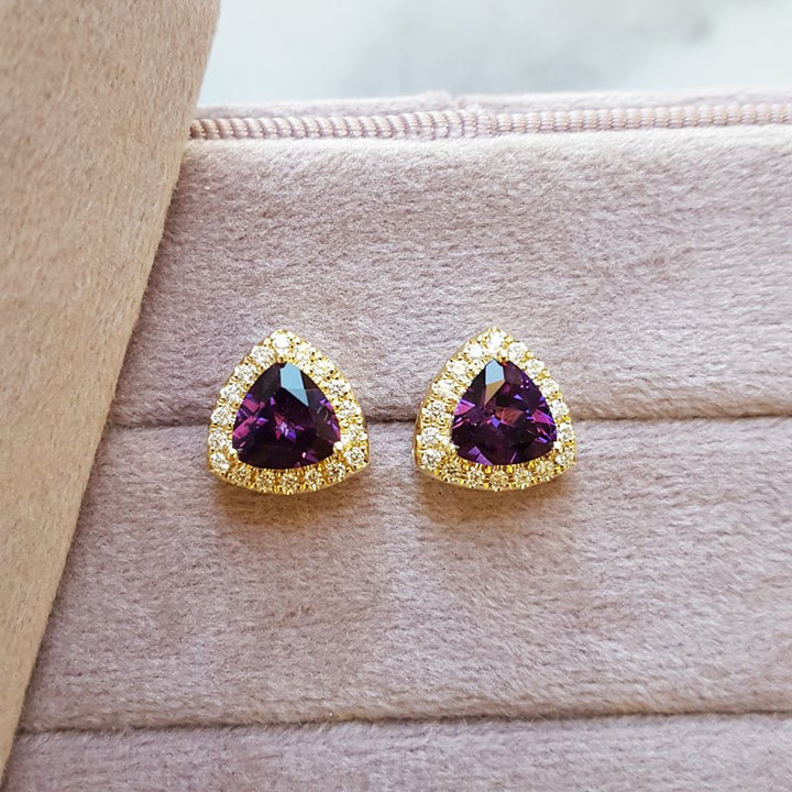 Arizona Amethyst Gold Jewelry Trillion Halo Earrings