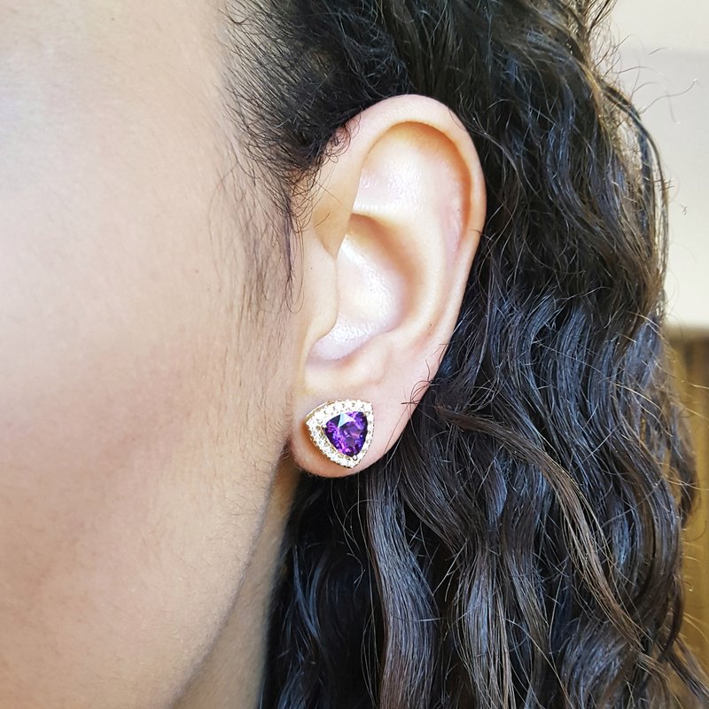 Arizona Amethyst Gold Jewelry Trillion Halo Earrings