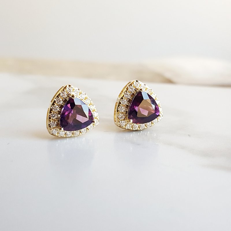 Arizona Amethyst Gold Jewelry Trillion Halo Earrings
