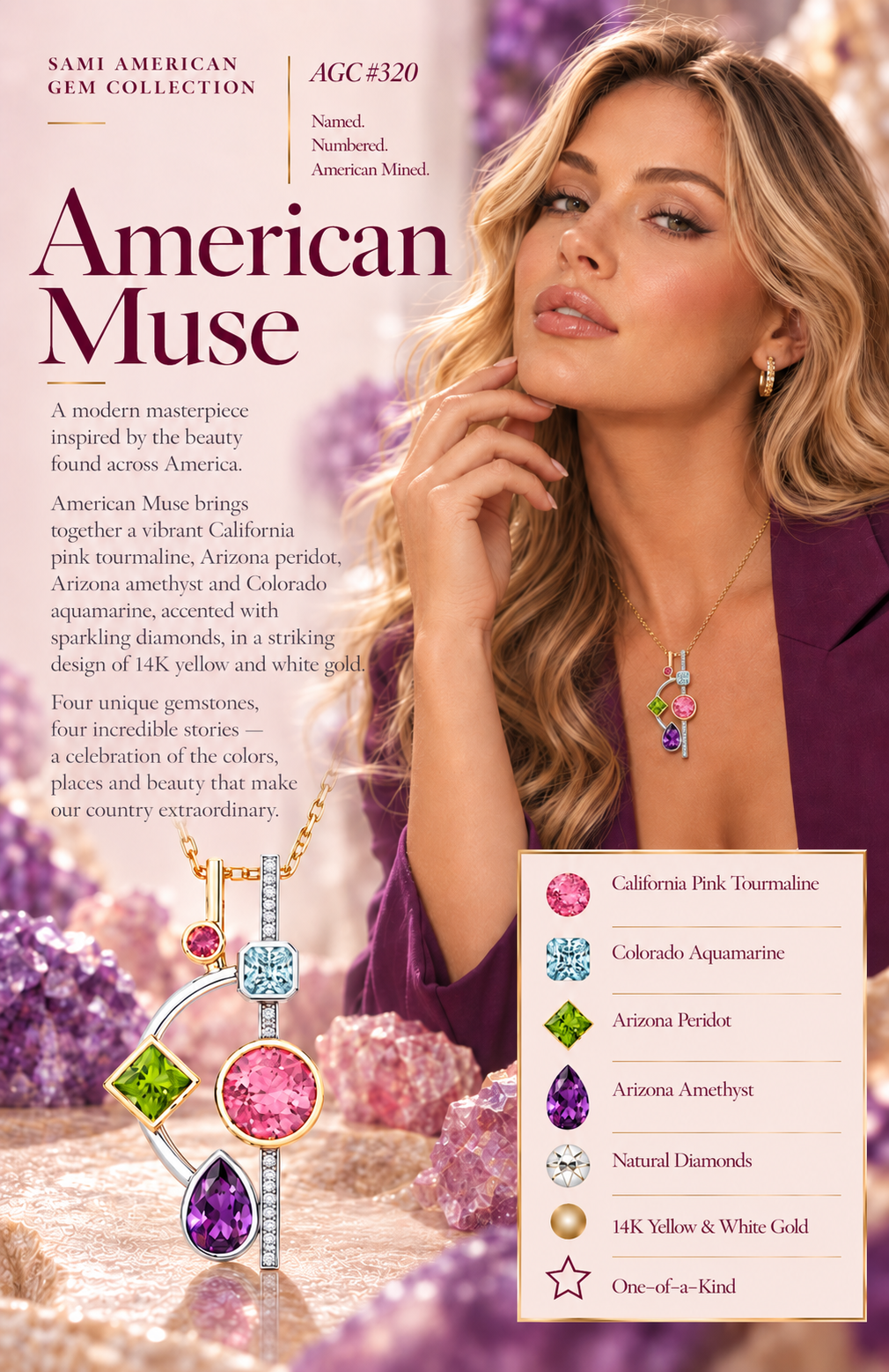 American Gem Collection #320 "American Muse" Multi American Gemstone 14K Two-Tone Pendant