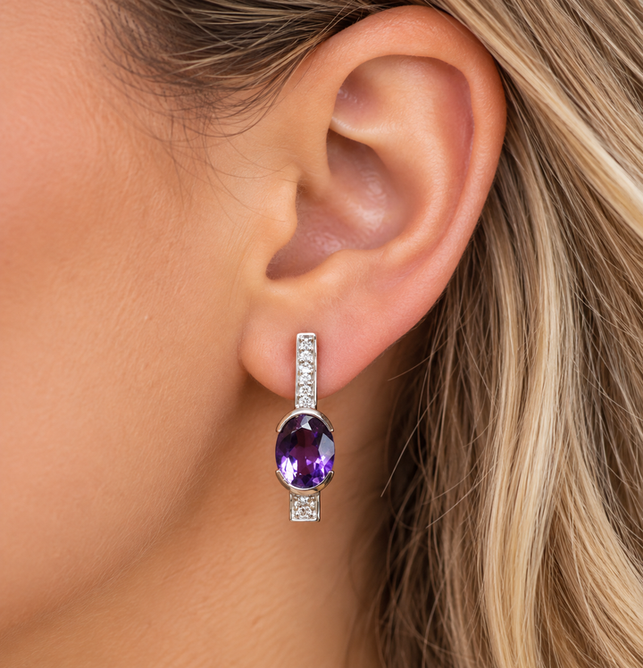 14K White Gold Oval Arizona Amethyst and Diamond Rod Earrings