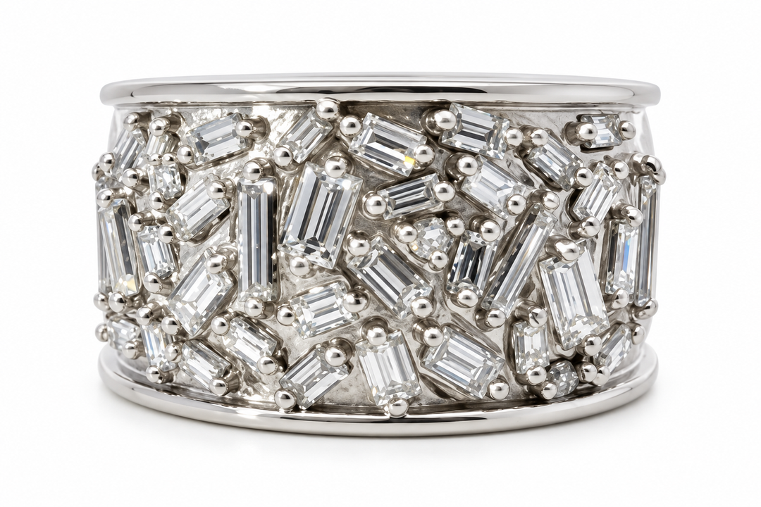 Luxury By Rene Hernandez 14K White Gold Multi-Shaped Diamond Wide Band Ring