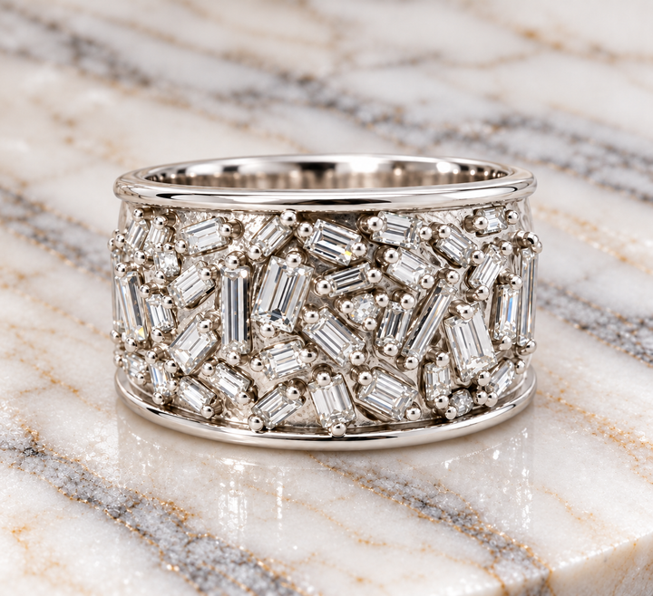 Luxury By Rene Hernandez 14K White Gold Multi-Shaped Diamond Wide Band Ring