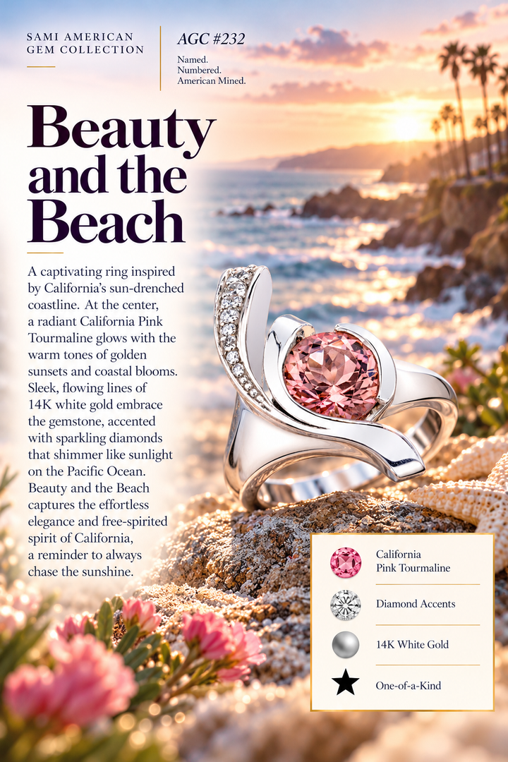 American Gem Collection #232 "Beauty and the Beach" California Pink Tourmaline 14K White Gold Ring