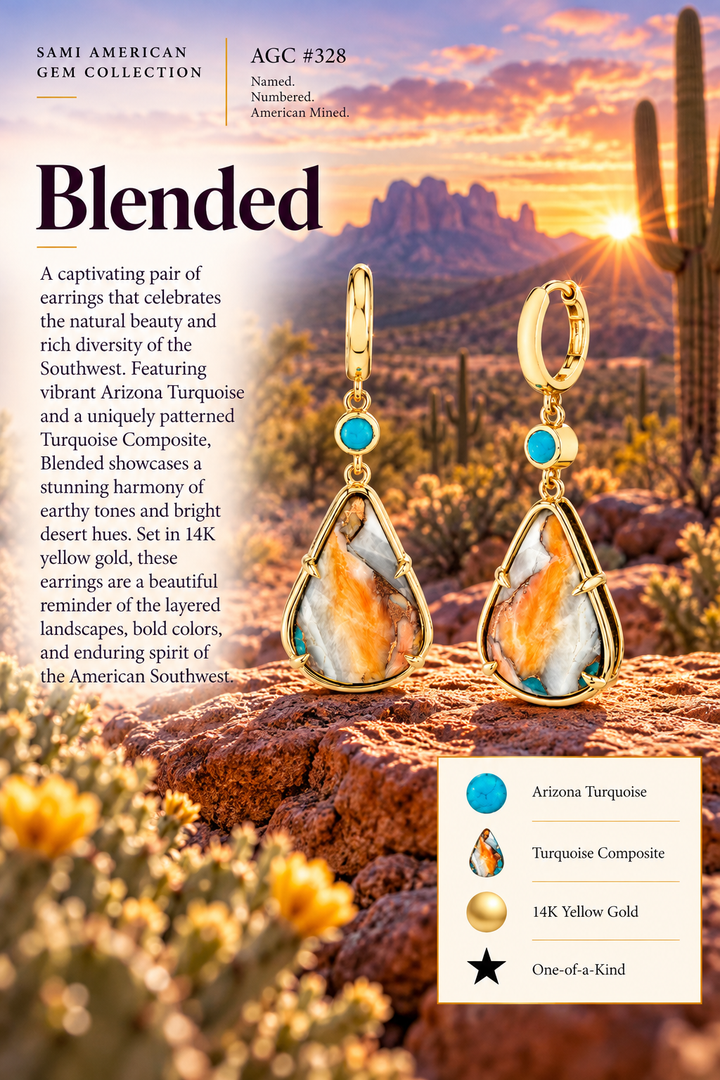 American Gem Collection #328 "Blended" Arizona Turquoise Composite 14K Yellow Gold Dangle Earrings