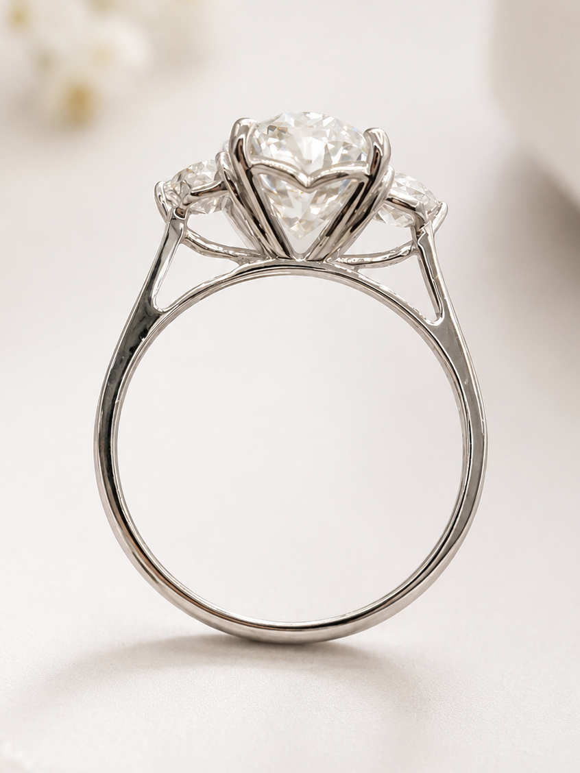 14K White Gold Oval Lab Diamond and Trillion Cut 3-Stone Engagement Ring