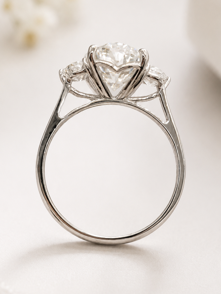14K White Gold Oval Lab Diamond and Trillion Cut 3-Stone Engagement Ring