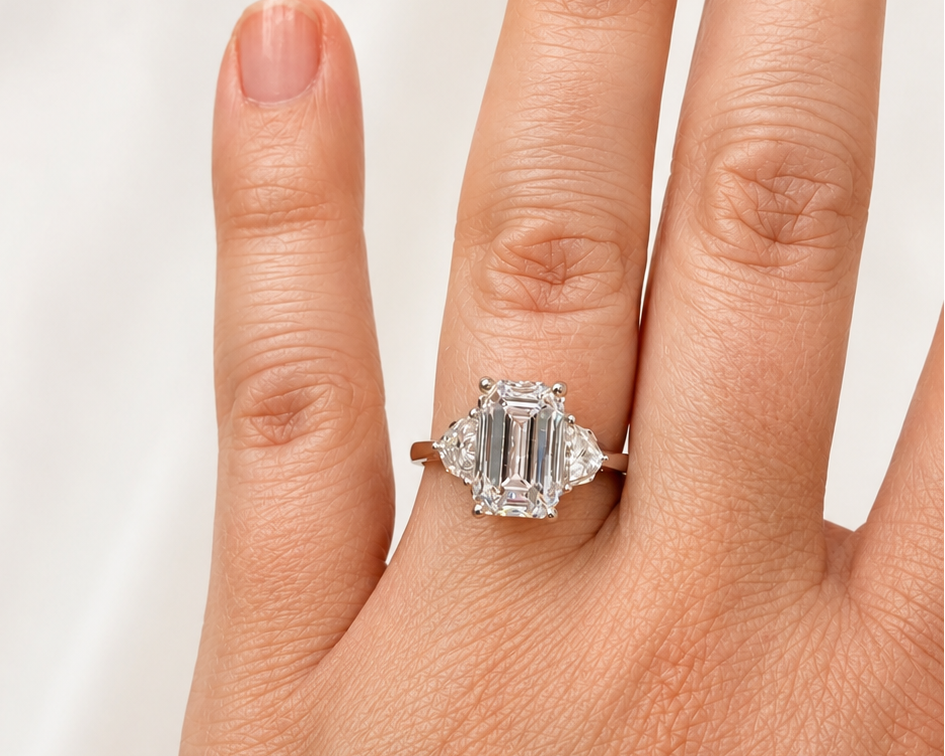 14K White Gold 3-Stone Emerald Cut Lab Grown Diamond Engagement Ring