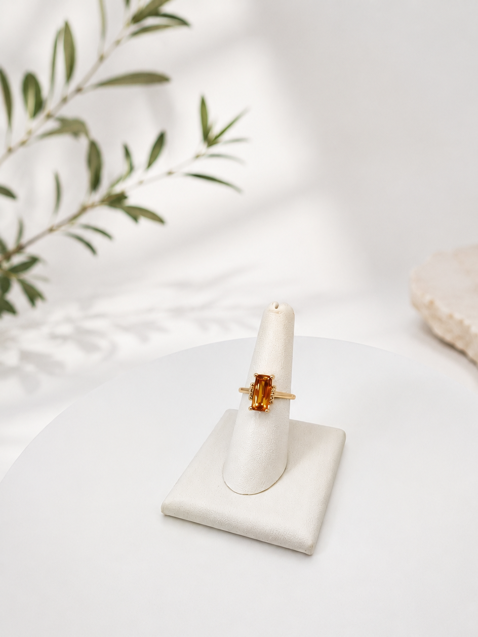 Luxury by Rene Hernandez 14K Yellow Gold Straight Baguette Citrine and Diamond Ring