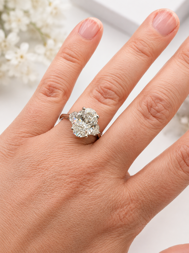 14K White Gold Oval Lab Diamond and Trillion Cut 3-Stone Engagement Ring