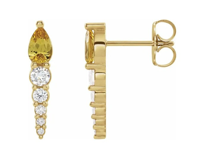 14K Yellow Gold Citrine and Diamond Drop Post Earrings
