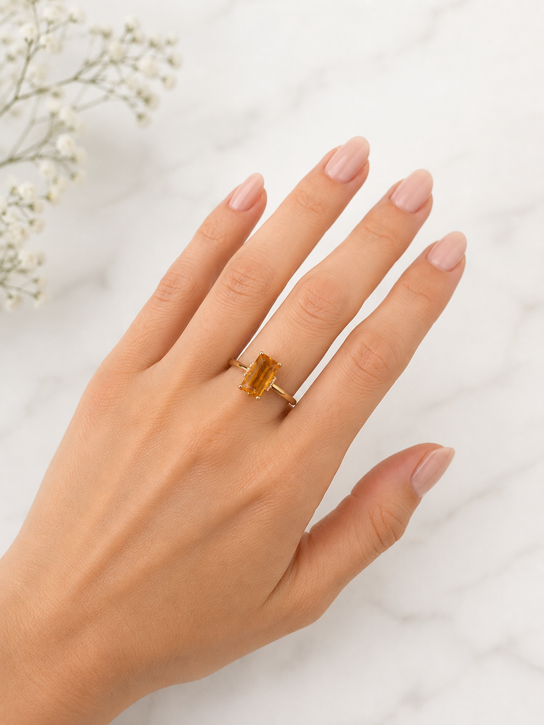 Luxury by Rene Hernandez 14K Yellow Gold Straight Baguette Citrine and Diamond Ring