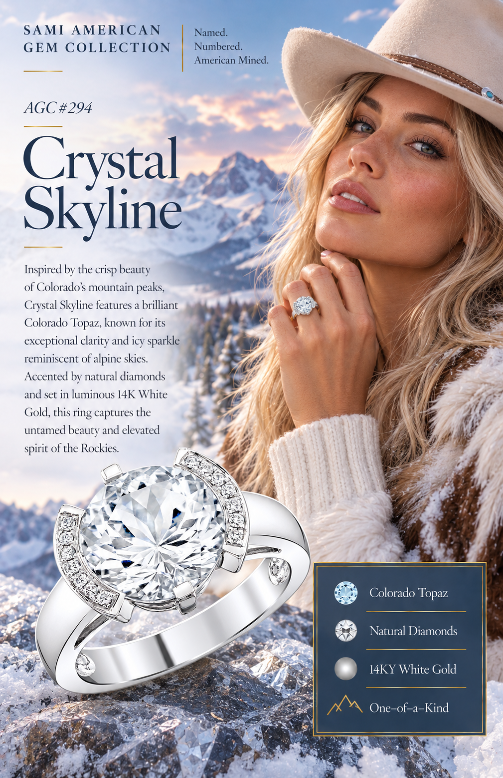 American Gem Collection #294 "Crystal Skyline" Colorado Topaz 14K White Gold Ring