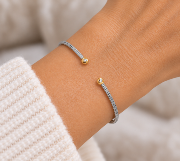 Sterling Silver & 14K Yellow Gold Diamond Open Bangle