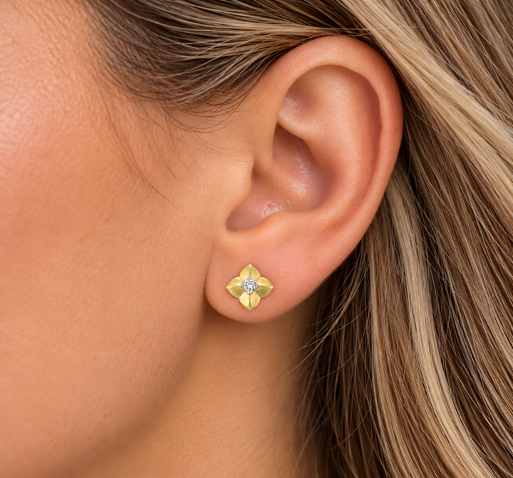 14K Yellow Gold Diamond Clover Stud Earrings